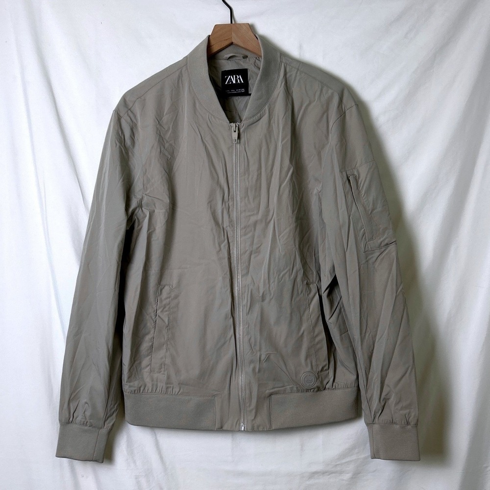 Zara Mens Bomber Jacket Taupe Gray Size L Lightweight Utility Minimalist